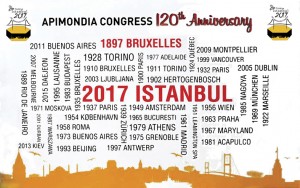 Foto 3 – Painel comemorativo dos 120 anos da Apimondia, contendo o ano e as cidades onde se realizou o Congresso.