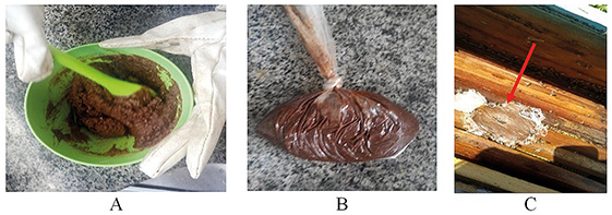 Figura 1- Preparo do alimento artificial (A e B) e forma de oferta da alimentação artificial na colmeia (C).