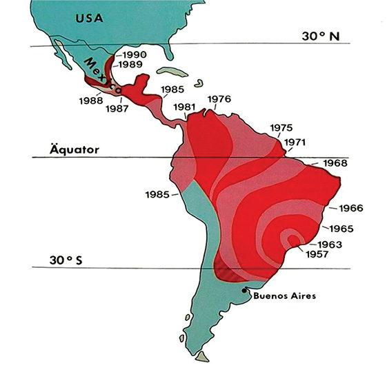 Figura 3 - Mapa monstrando a expansão das abelhas africanizadas ao longo do continente americano. Os círculos coloridos indicam o ano em que os enxames foram encontrados nas regiões (Ruttner, 1992).
