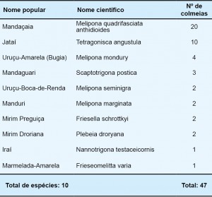Tabela 1. Composição de espécies de meliponíneos do Meliponário.