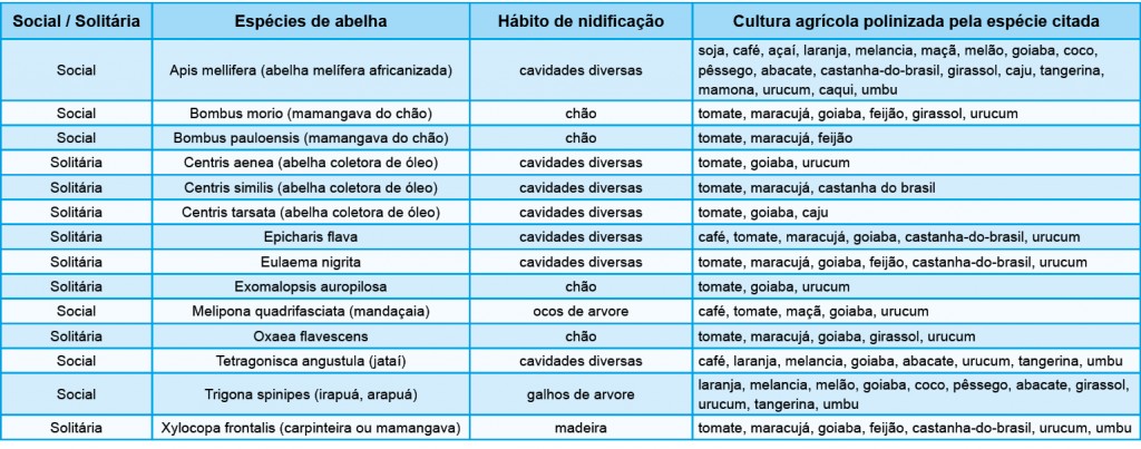Tabela 1. Lista das espécies de abelhas mais importantes para a polinização de culturas agrícolas brasileiras.