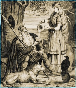 Gunlodd oferecendo a Odin o Hidromel. - Gravura de Emil Doepler - Domínio público
