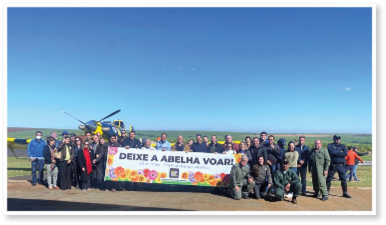 FIG. 9 – Pessoas presentes ao evento do Dia Mundial das Abelhas, com a abelha adesivada, no Aeródromo Santa Lidia, em Ribeiráo Preto-SP.